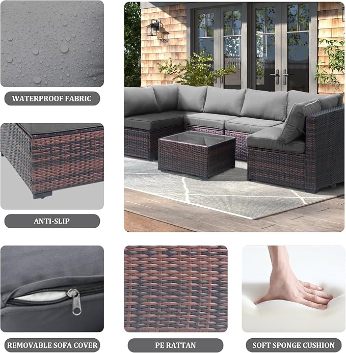 7 Piece Outdoor Patio Furniture Set, Rattan Weather-Resistant Outdoor Conversation Set, Outside Furniture Patio Sectional Sofa Set with Thick Cushions and Coffee Table, Gray
