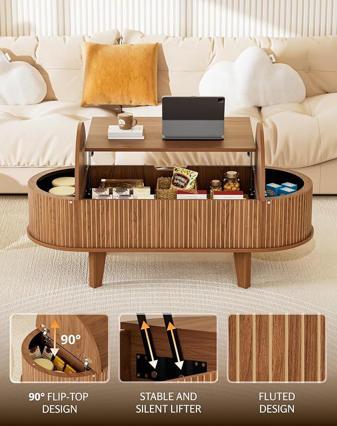47.2" Lift Top Coffee Table with Storage, Oval Wood Fluted Coffee Table for Living Room, Mid Century Modern Center Table with Flip-Top Design, Walnut