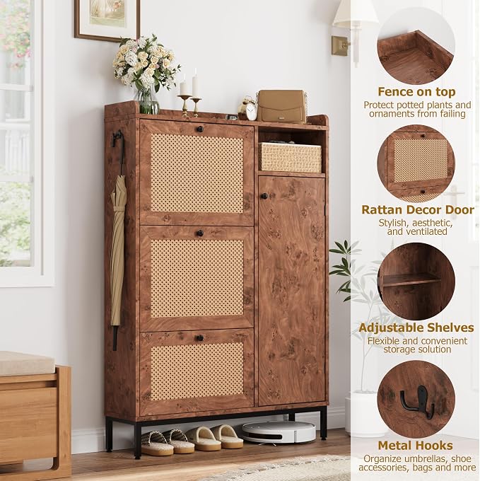 GarveeHome Shoe Cabinet Rattan with 3 Flip Drawers and 4-Tier Shoe Storage Cabinet, Freestanding Shoe Organizer with Adjustable Shelves for Entryway, Closet, Hallway (Tree Pomegranate) - Image 4
