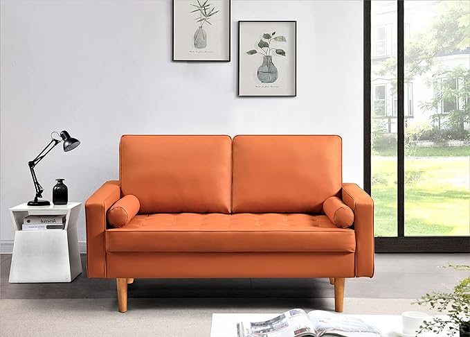 Container Furniture Faux Leather Sofa for The Modern Living Room with Removable Cushions and Solid Wood Legs, Luxury Style Button-Tufted Loveseat, 58" Wide, Red Orange