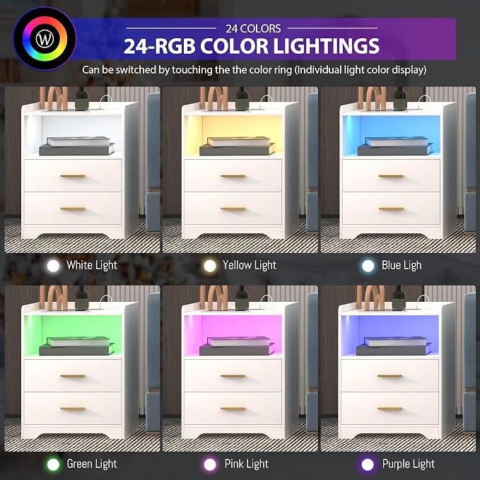 dnbss White LED Nightstand with Charging Station and 24-Color RGB Lights, Smart Night Stand with Human Sensor Lighting, Modern Bedside Table for Bedroom - Image 5