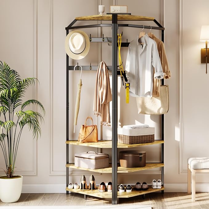 IDEALHOUSE Corner Coat Rack With Shoe Bench and 6 Double Hooks, Corner Hall Tree - Clothes Rack With Storage Hall Tree With Organizer Shelf for Entryway, Hallway, Closet (02-Rustic Brown) - Image 3