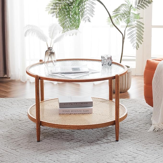 VINGLI 30" Rattan Coffee Table, Round Water-Wave Glass Metal Center Table, Modern Coffee Table with 2-Tier Storage, Farmhouse Circular Coffee Tables for Living Room and Small Space, Natural Vibe