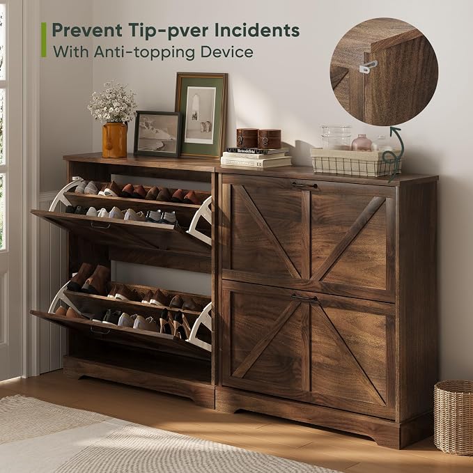 Smart FENDEE Shoe Cabinet, Shoe Storage Cabinet for Entryway with 2 Flip Drawers, Narrow Farmhouse Shoe Organizer Cabinet, Slim Shoe Rack Cabinet, 31.5in Walnut - Image 4