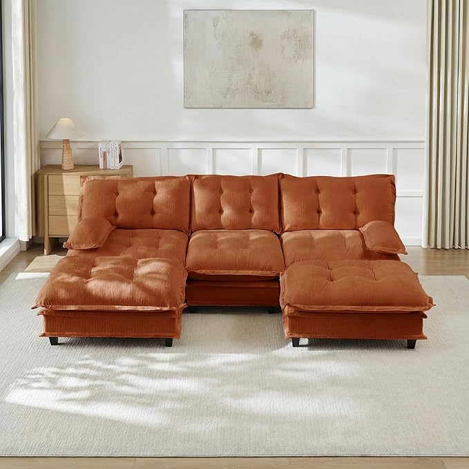 108" U Shaped Modular Sectional Sofa Couches for Living Room, Cloud Couch with Movable Ottomans, Comfy Chenille Sofa with Pillow-top Armrest for Bedroom Apartment | Free Combination, Tufted