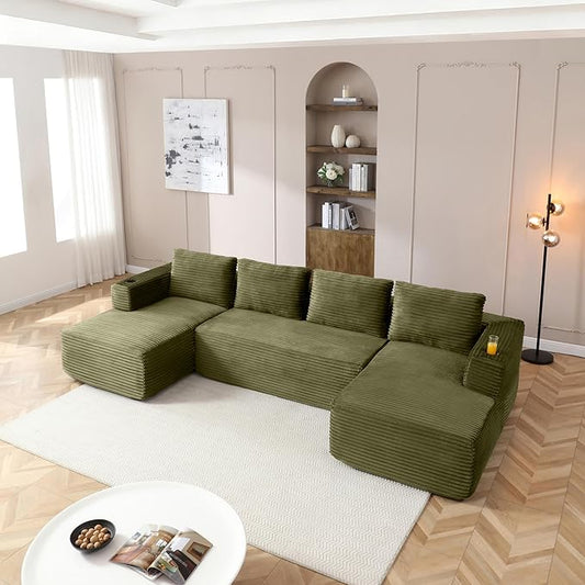 132-Inch U-Shaped Cloud Sectional Couch, Symmetrical Modular Compressed Boneless Sectional Sofa with Chaise Lounges, Plush Corduroy Boneless Corner Sofa W/Cupholders
