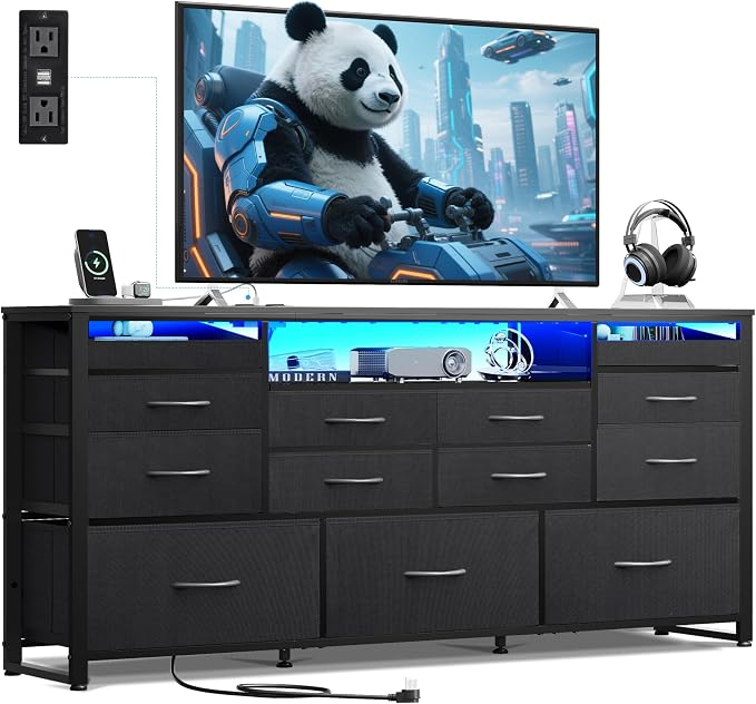 WLIVE Black Dresser TV Stand for 55, 60, 65 inch TV, Entertainment Center with LED Lights & Charging Station, TV Media Console Table with 13 Fabric Drawers and Open Shelves for Living Room, Wood Top by WLIVE