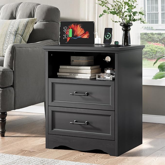 Bedroom Set, 4 Pieces Bedroom Furniture Set, 47" W 7 Drawer Dresser, 44" H 6 Drawer Dresser and Nightstands with Charging Station, Farmhouse Storage Organizer Cabinet for Bedroom, Black