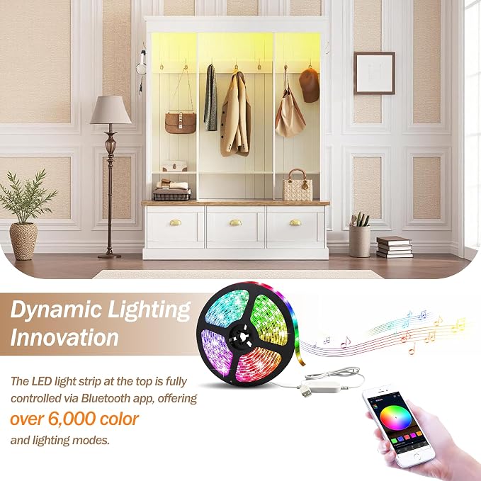 LUMISOL Hall Tree with Storage Bench and Shoe Storage, Coat Rack with Shelves and 9 Hooks, LED Light Entryway Bench with 3 Large Cabinets, for Entrance Mudroom Living Room, White - Image 5