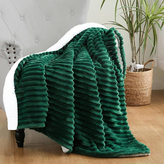 Green Sherpa Fleece Throw Blanket 60”×80” for Couch Sofa Bed,Double Side Soft Fuzzy Cozy Plush Thick Flannel Blanket with Striped Design,Gift for Adults,Woman,Girls