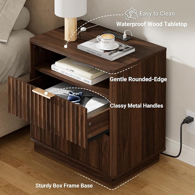 Fluted Nightstand, 23" Wide Night Stand, Walnut Nightstand with Charging Station, 2 Drawer Wooden End Table w/Storage, Large Modern Bedside Table for Bedroom Sofa Home Office,Curved Corners - Image 3