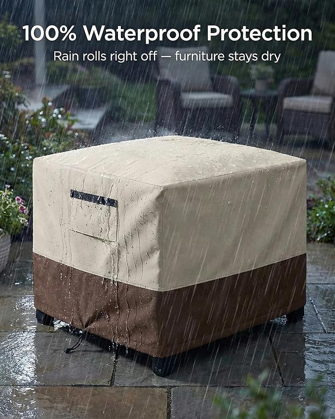 Waterproof Patio Ottoman Cover, Square Outdoor Side Table Furniture Cover with Padded Handles, 600D Heavy Duty Windproof All-Weather Patio Furniture Cover,UV Resistant, 22 x 22 x 18 Inch, Beige&Brown - Image 4