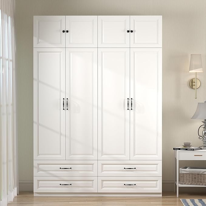 White Armoire Wardrobe Closet: 88" Extra Tall Wardrobe Closet with 4 Drawers, Bedroom Armoires with 4 Doors, Wood Large Armoire with Top Cabinet (63")