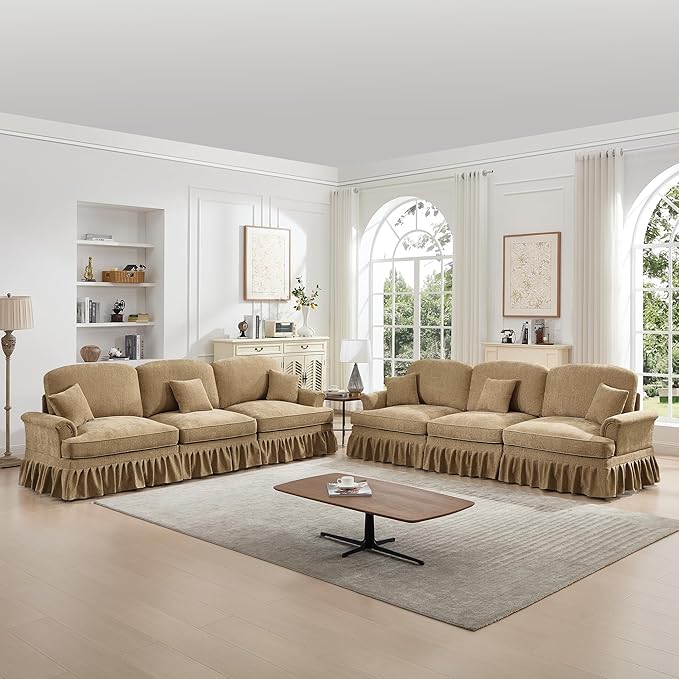 KEIKI Mid Century Modular Sofa with Flared Arms and Skirted Design, 107” Oversized 3-Seater Chenille Sectional Couches Set for Living Room, Modern Comfortable for Living Spaces, Light Coffee
