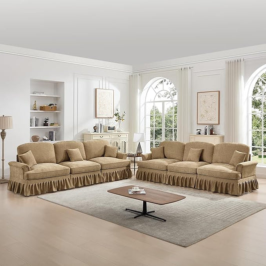 KEIKI Mid Century Modular Sofa with Flared Arms and Skirted Design, 107” Oversized 3-Seater Chenille Sectional Couches Set for Living Room, Modern Comfortable for Living Spaces, Light Coffee