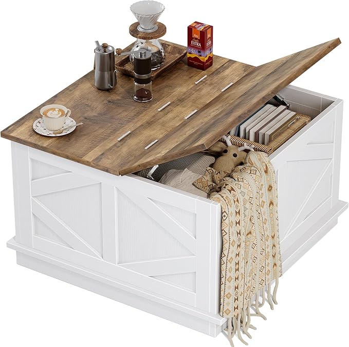 YESHOMY 31.5 inch Farmhouse Coffee Table, Coffee Tables for Living Room, Center Table with Flip-Top Lids, Large Storage Space (White)