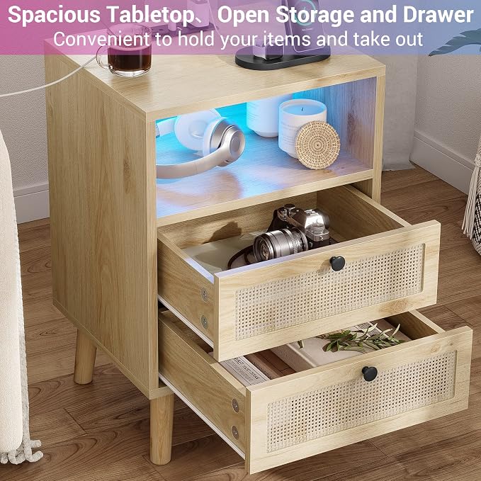 AOGLLATI Rattan Nightstand with Charging Station, LED Night Stand for Bedroom, Wood End Table with USB Ports, Boho Bedside Table with 2 Drawers, Natural - Image 4