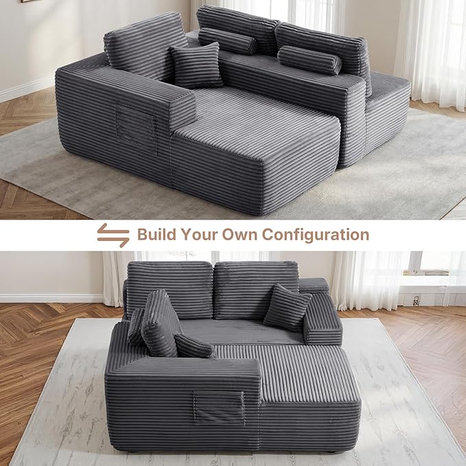 104 inch Boneless L-Shaped Sectional Sofa with Throw Pillow & Side Pockets- No Assembly Compressed Modular Couch, Memory Foam, Deep Seat for Living Room, Bedroom, Apartment Grey Left