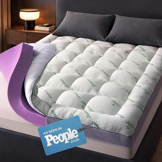 Dual-Layer 3.5 Inch Queen Size Mattress Topper - 2” Memory Foam + 1.5” Viscose Made from Bamboo Mattress Pad - Double the Comfort & Back Support - Removable & Machine-Washable Cover, Green