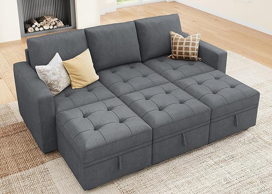 HONBAY Modular Sectional Couch Sleeper Sofa Bed with Storage Seats Oversized Sectional Couches for Living Room,Bluish Grey