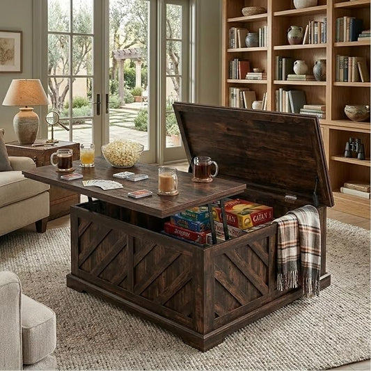 Amada Lift Top Coffee Table with Storage, Smooth Lifting Center Table with Hidden Compartment, Diagonal Pattern Wood Coffee Table for Living Room and Home Office, Rustic Brown