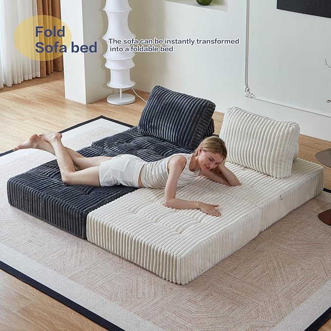 Convertible Floor Chair Bed, Foldable Foam Sofa Mattress with Support Pillow, Lightweight Single Fold Out Sleeper for Apartments, Dorms (Beige, Corduroy)
