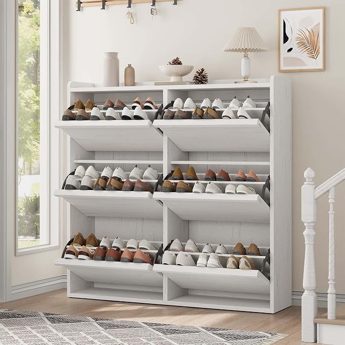 GarveeHome Shoe Cabinet with 6 Flip Drawers, Wooden Shoe Organizer Cabinet with Adjustable Shelf, Shoe Storage for Entryway, Hidden Shoe Cabinet for Hallway, Living Room, White by GarveeHome