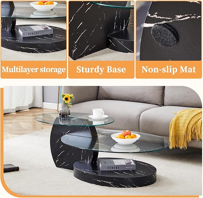 Ebullient Glass Coffee Table, 42" Round Coffee Table, 2-Tier Glass Tabletop with Black Faux Marble Pattern Base, Easy to Maintain and Assemble, Ideal for Dining Room, Living Room