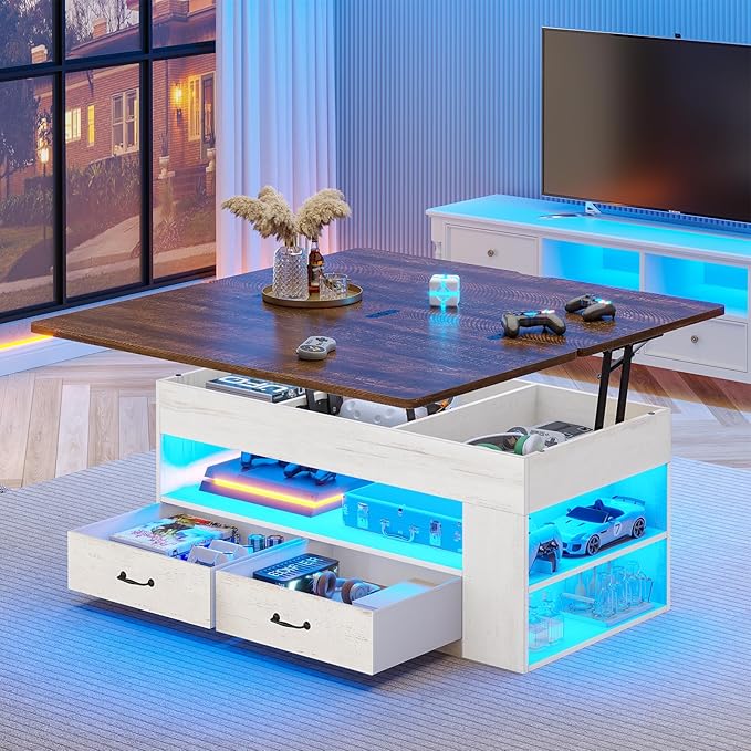 Itaar Lift Top Coffee Table, 4 in 1 Coffee Tables with Storage and Hidden Compartment, Farmhouse Coffee Table with 2 Fabric Drawers & LED Light for Living Room, White