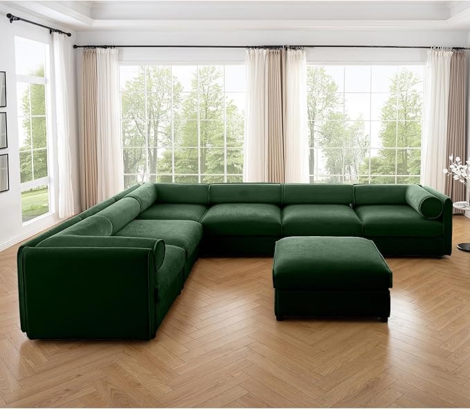 KEIKI 143" Large Modular Chenille Sectional Sofa with Storage Seat, 1 Ottoman, 6-Seater Couch with Cylindrical Backrest and 2 Armrests, Easy Assembly, for Apartment, Living Room, Green