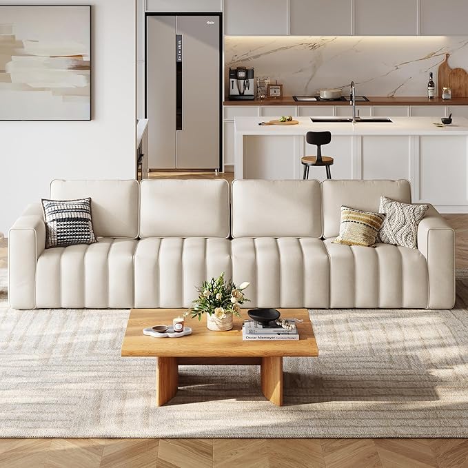 LINSY HOME 137" Modern Sofa Couches for Living Room, Modular Sectional Loveseat Sofa with Anti Cat Stretch Fabric and Metal Frame, Comfy 4 Seater Loveseat Oversized, Easy Assembly, Beige
