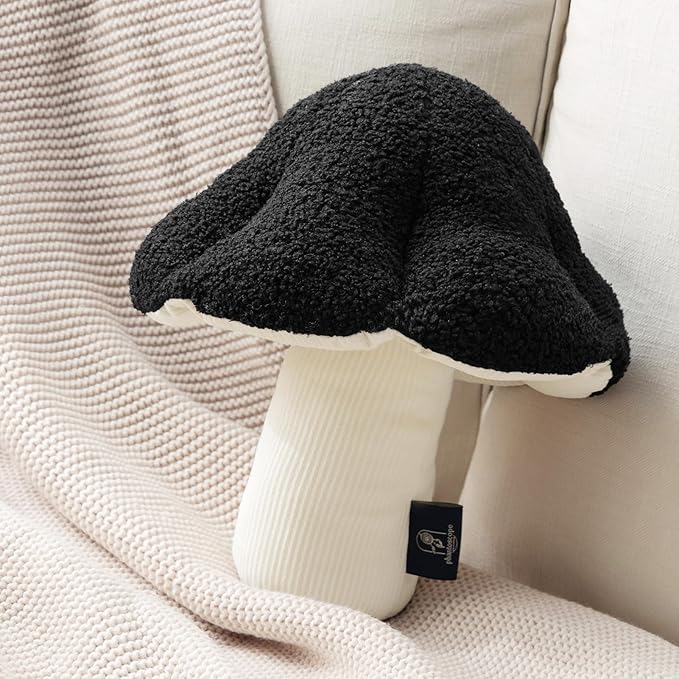 Phantoscope Mushroom Shaped Throw Pillow, Teddy Fleece Soft Mushroom Decorative Pillows Cute 3D Shaped Cushion for Couch Sofa Bed Chair,Black,16 x 14 inches