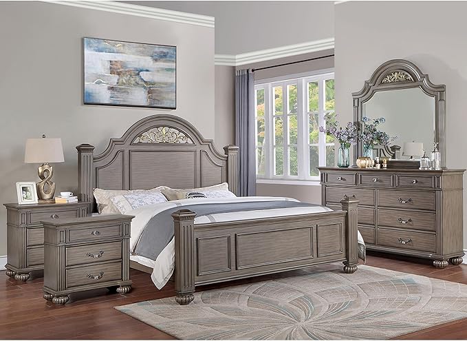 Furniture of America Malierd Traditional Wood 5-Piece Bedroom Set, Panel Queen-Size Bed, 3-Drawer Nightstands, Dresser and Mirror, Box Spring Required for Bedroom, Gray