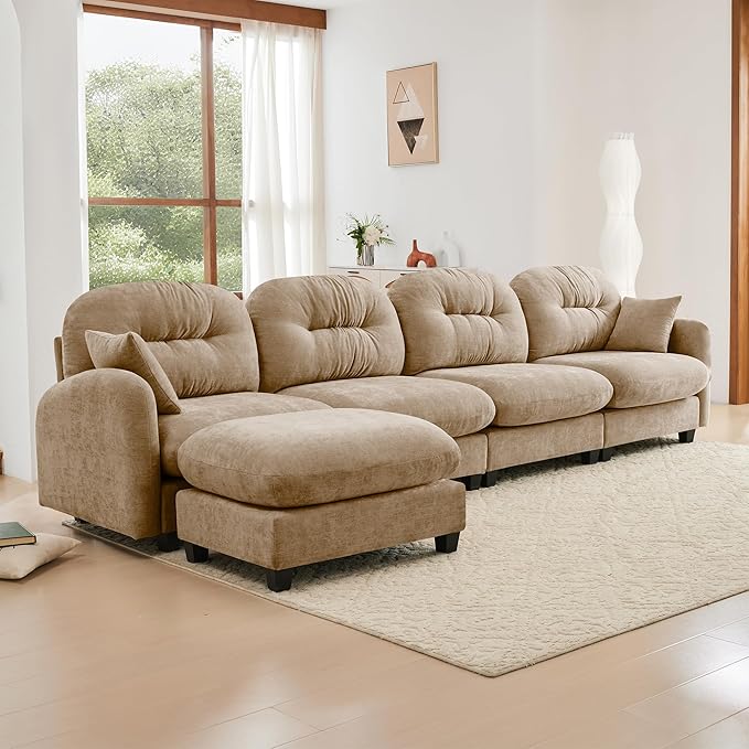 KEIKI 140" L-Shaped Oversized Chenille Modular Sectional Sofa with 1 Ottoman, High-Density Foam Cushions, Tufted Pleated Cushion Backrest, Modern 4-Seater Couch with 2 Pillow, for Living Room, Camel