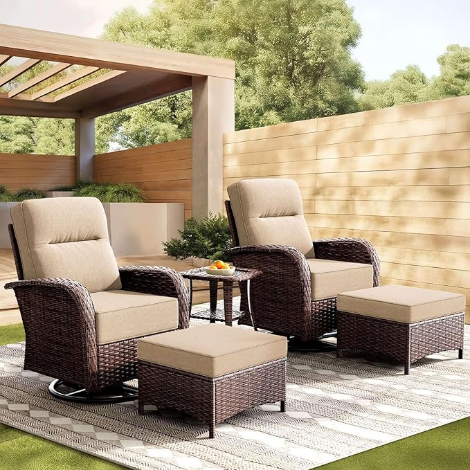 Patio Furniture Set with 6-Inch Thick Cushions, High Back Outdoor Swivel Rocker Chairs and Ottomans, 5-Piece Easy Assembly Conversation Set for Porch Deck Balcony Yard in Beige