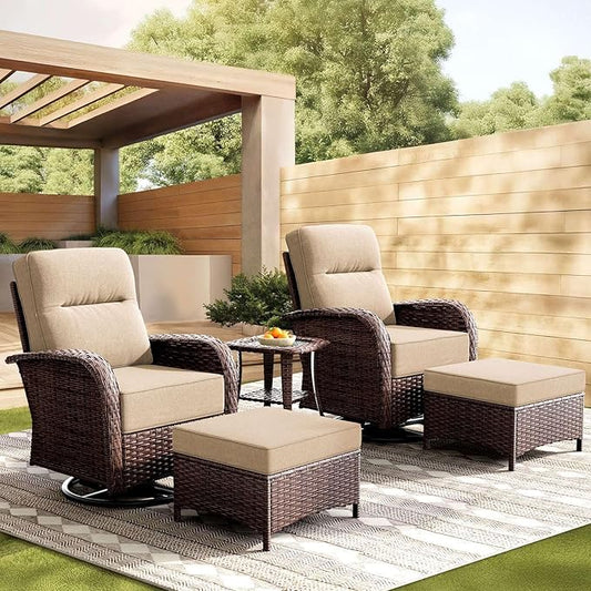 Patio Furniture Set with 6-Inch Thick Cushions, High Back Outdoor Swivel Rocker Chairs and Ottomans, 5-Piece Easy Assembly Conversation Set for Porch Deck Balcony Yard in Beige