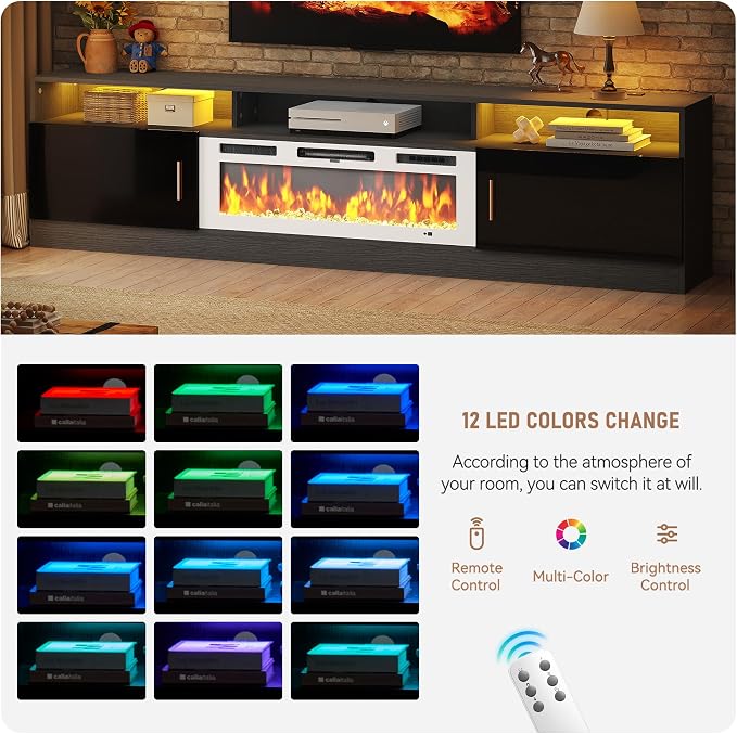 MXV 78" Fireplace TV Stand with Power Outlet for TVs UP to 90", Electric Fireplace Entertainment Center with LED Lights & Storage Cabinets, TV Console for Living Room, Office, Black-White - Image 5