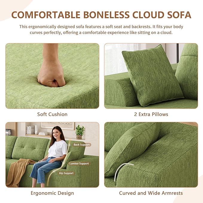 Ball & Cast 106" Modular Sectional Sofa,Cloud Chenille Couch with Deep Seat,Boneless L-Shaped Sectional,Modern Comfort Upholstered Sofa for Living Room,No Assembly Required (Green, Left Facing Chaise)