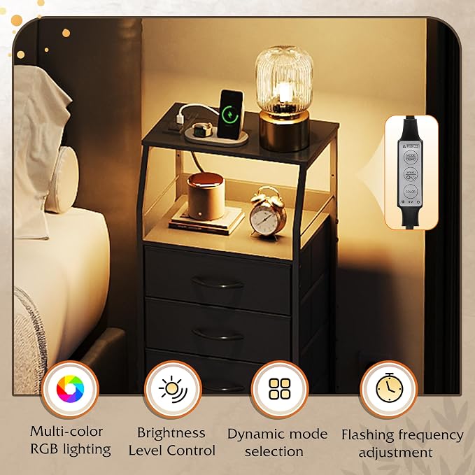WLIVE Night Stand with Charger Station, LED Nightstand with 4 Fabric Drawers and Storage Shelf, Tall Dresser for Bedroom, 37.48" H Bedside Table with 3 USB Ports and Outlets, Black - Image 4