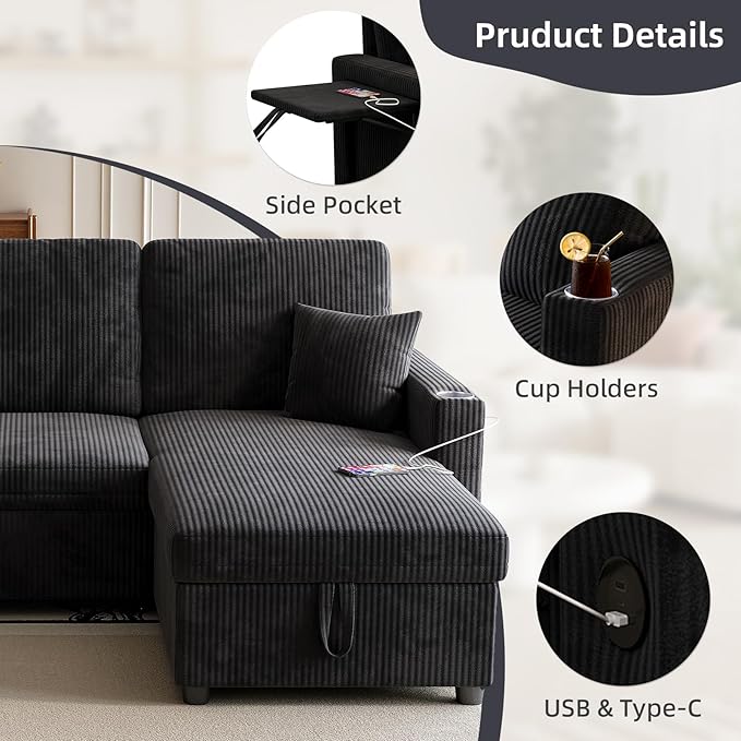 L-Shape Sleeper Sofa with Pull-Out Couch Bed, Storage & Ports, Cup Holders, Side Pockets & Side Table for Living Room, Apartment, Jet Black