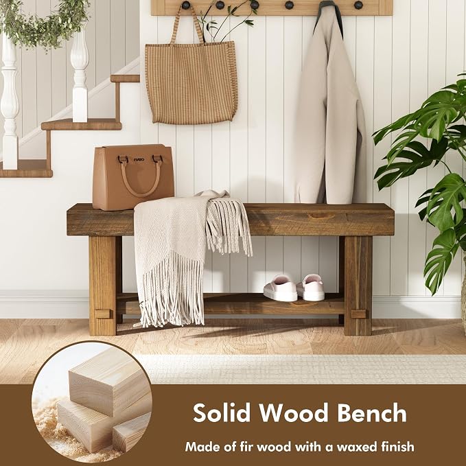 HOKYHOKY Solid Wood Entryway Bench - 42.6" Farmhouse Long Storage Benches, Narrow Bench Seat for Indoor, Entryway, Dining Room, Living Room, Bedroom and Hallway, Rustic Natural - Image 3