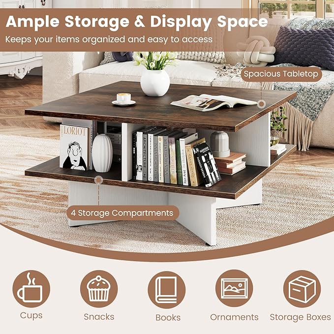 Giantex Square Coffee Table, Mid Century Modern Center Table with 4 Storage Compartments & Cross-Shape Base, 24 Inch Farmhouse Coffee Tables for Living Room (Brown)