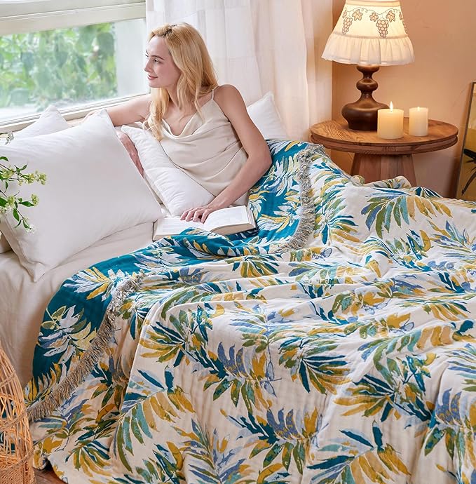 Boho Throw Blanket - 100% Cotton Throw Blankets for Bed Couch, 60"x80" Soft Muslin Lightweight Spring Throw Blanket, Cozy Plant Printed Bohemain Bedding Decor Green Throw Quilt