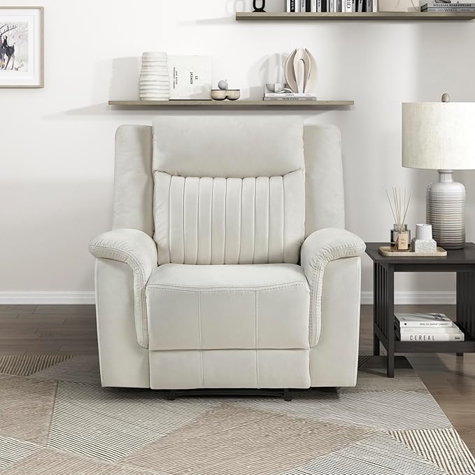 Lexicon Manual Recliner Chair, Polished Microfiber Reclining Sofa Chair, Home Theater Seating, Wall Hugger Manual Recliner for Living Room/Office/Apartment, Beige
