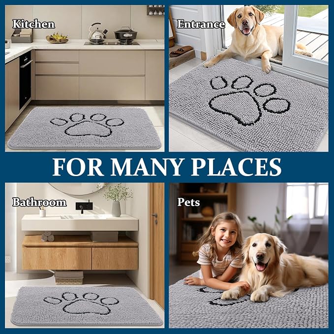 OLANLY Dog Door Mat for Muddy Paws 48x30, Paw Print Design, Absorbs Moisture and Dirt, Non-Slip Washable Doormat, Quick Dry Chenille Mud Mat for Dogs, Entry Indoor Entryway Carpet, Light Grey - Image 8