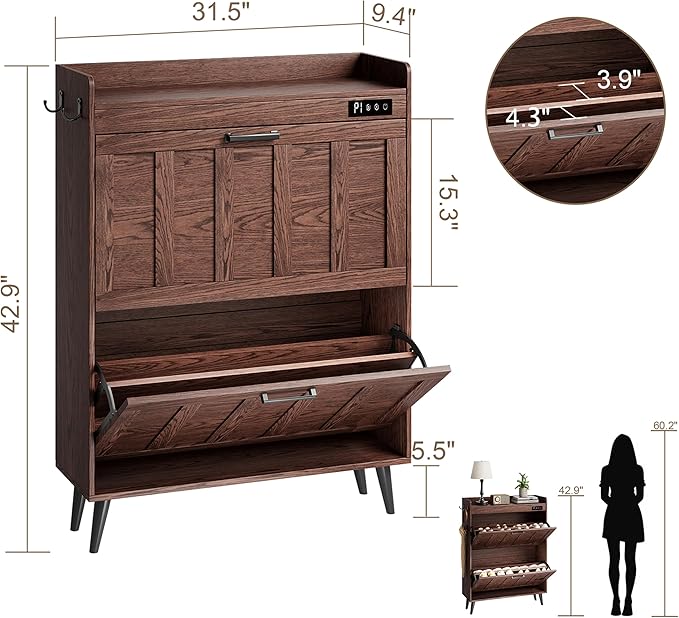 ChooChoo Shoe Storage Cabinet with 2 Flip Drawers, Deodorizing Shoe Organizer Storage for Entryway, Freestanding Hidden Slim Narrow Shoe Rack Cabinet, Walnut - Image 2