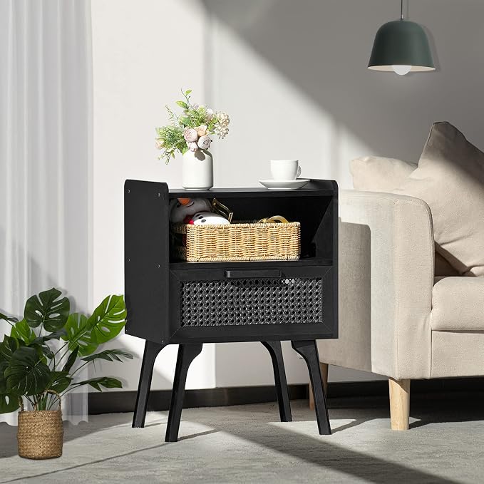 Lerliuo Rattan Nightstands Set of 2, Boho Side Table with Drawer Open Shelf, Cane Accent Bedside End Table with Solid Wood Legs for Bedroom, Dorm and Small Spaces (Black) - Image 4
