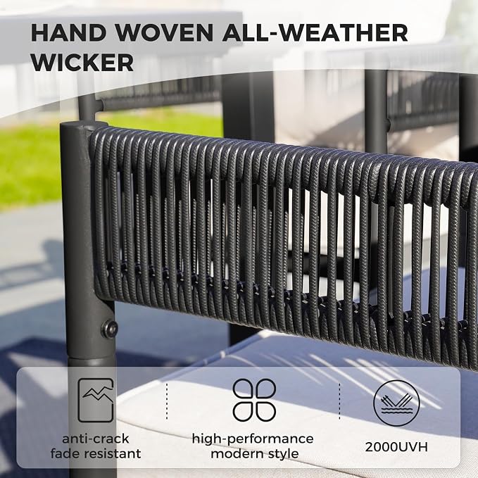 Grand patio 5-Piece Outdoor Dining Set for 4, Metal Woven Wicker Swivel Patio Chairs with Thickened Cushions & 1 Square Woodgrain Dining Table with Umbrella Hole for Backyard Deck (Black) - Image 3