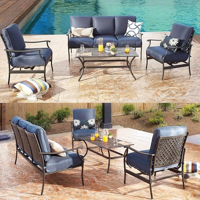 PatioFestival Patio Conversation Set 6 Pieces Metal Outdoor Furniture Seating Sets with Blue Thick Cushions, Rocking Chairs & Coffee Table & Loveseat