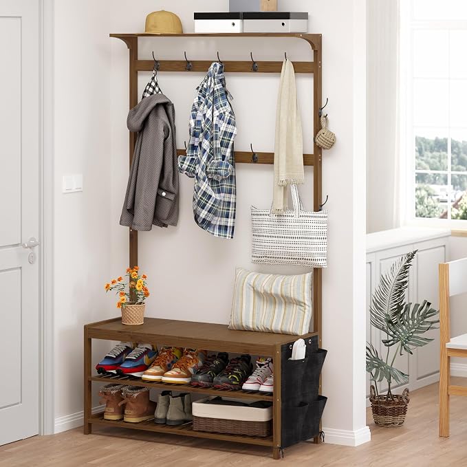 AMBIRD Hall Tree with bench and shoe storage, Entryway Bench with shoe storage, 6-in-1 Coat Rack with Cloth Bag and14 Coat Hooks, Sturdy Bamboo Frame, Large Size, Brown 39 * 15 * 70 Inches - Image 3